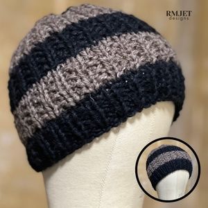 *NEW* Black Brown HEMP Wool Textured Handmade Hand Knit Beanie hat